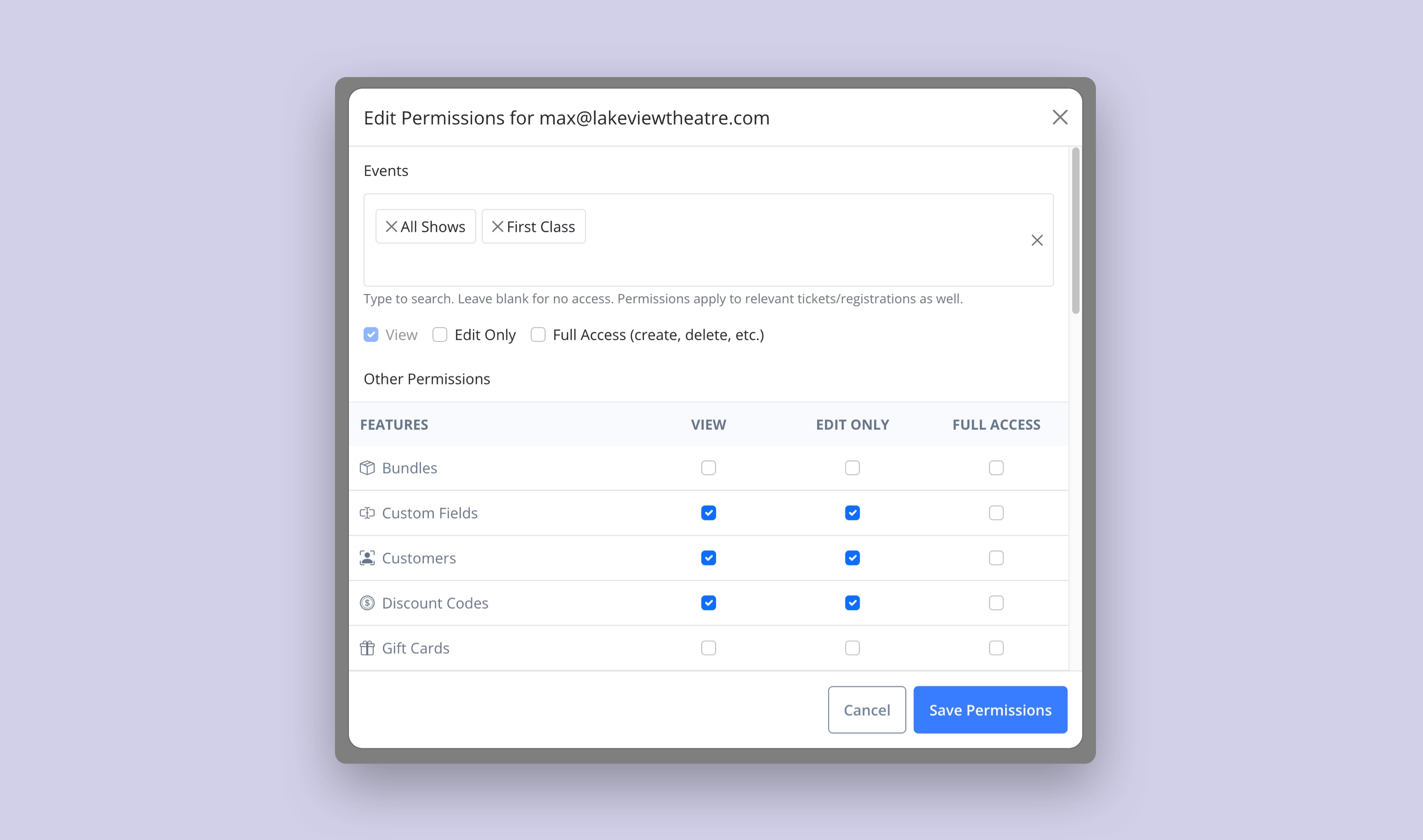 Screen showing user invite with permissions