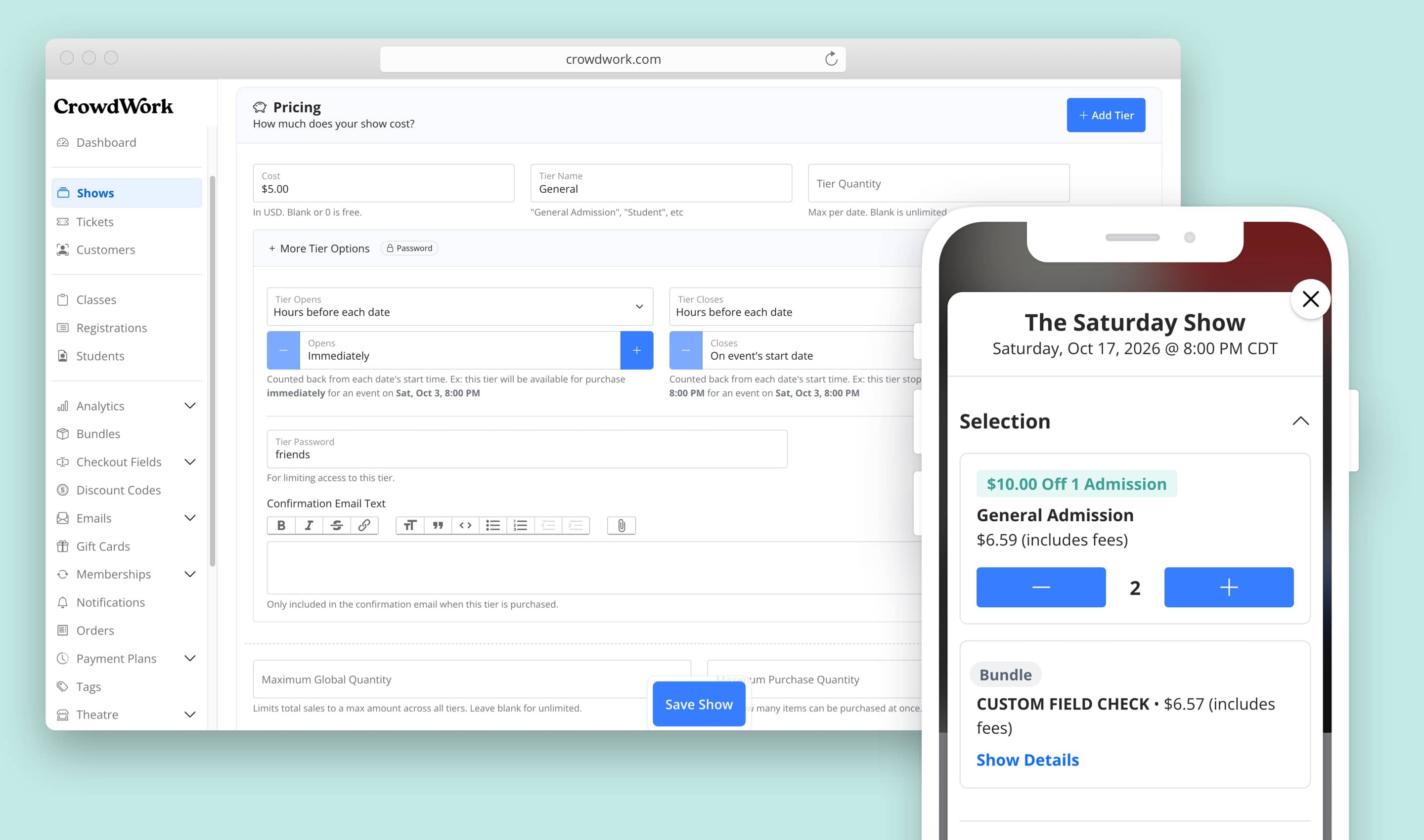 The ticket tier editor with sale windows and a tier password, beside the patron checkout on a phone