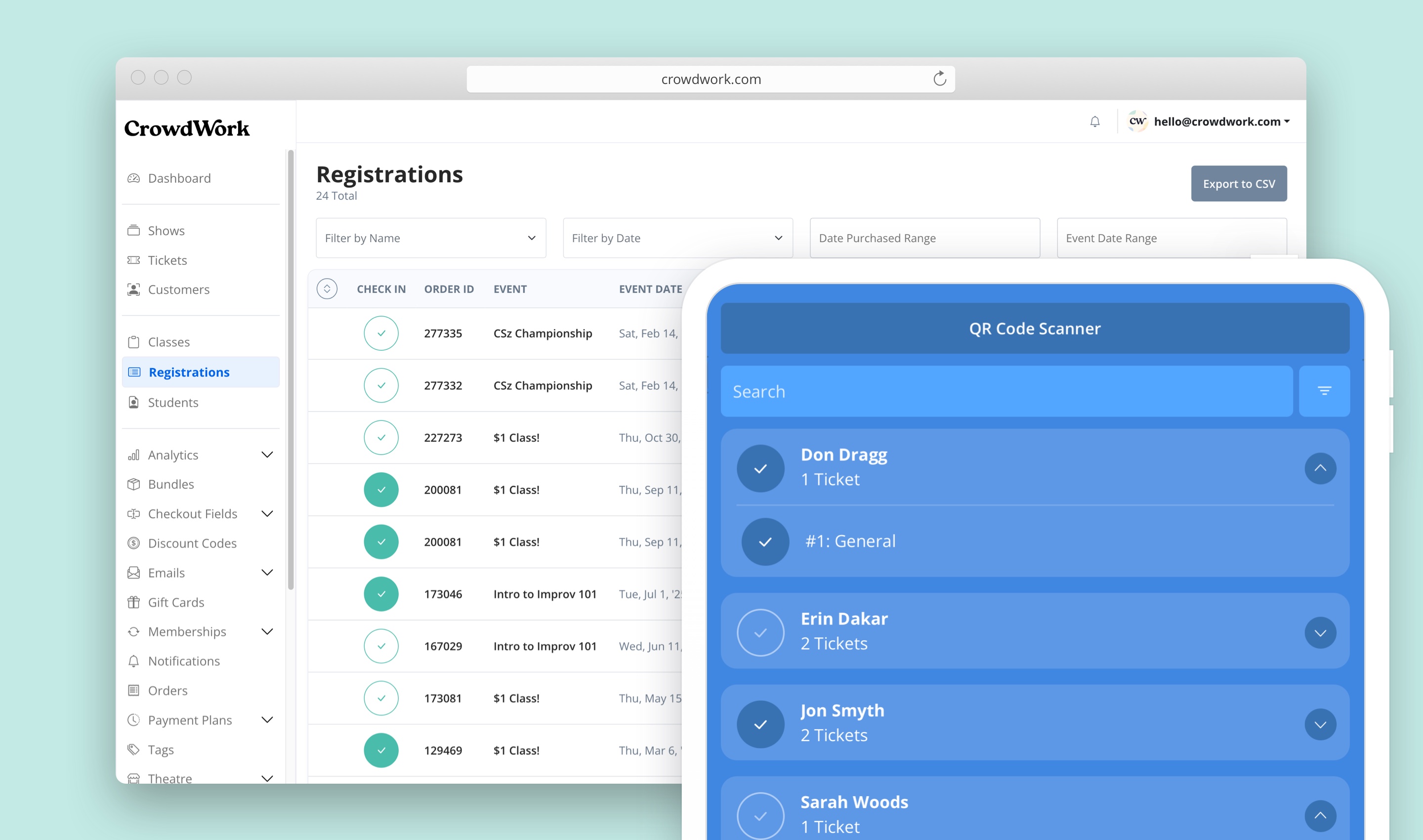 The class roster and a POS device showing check-ins