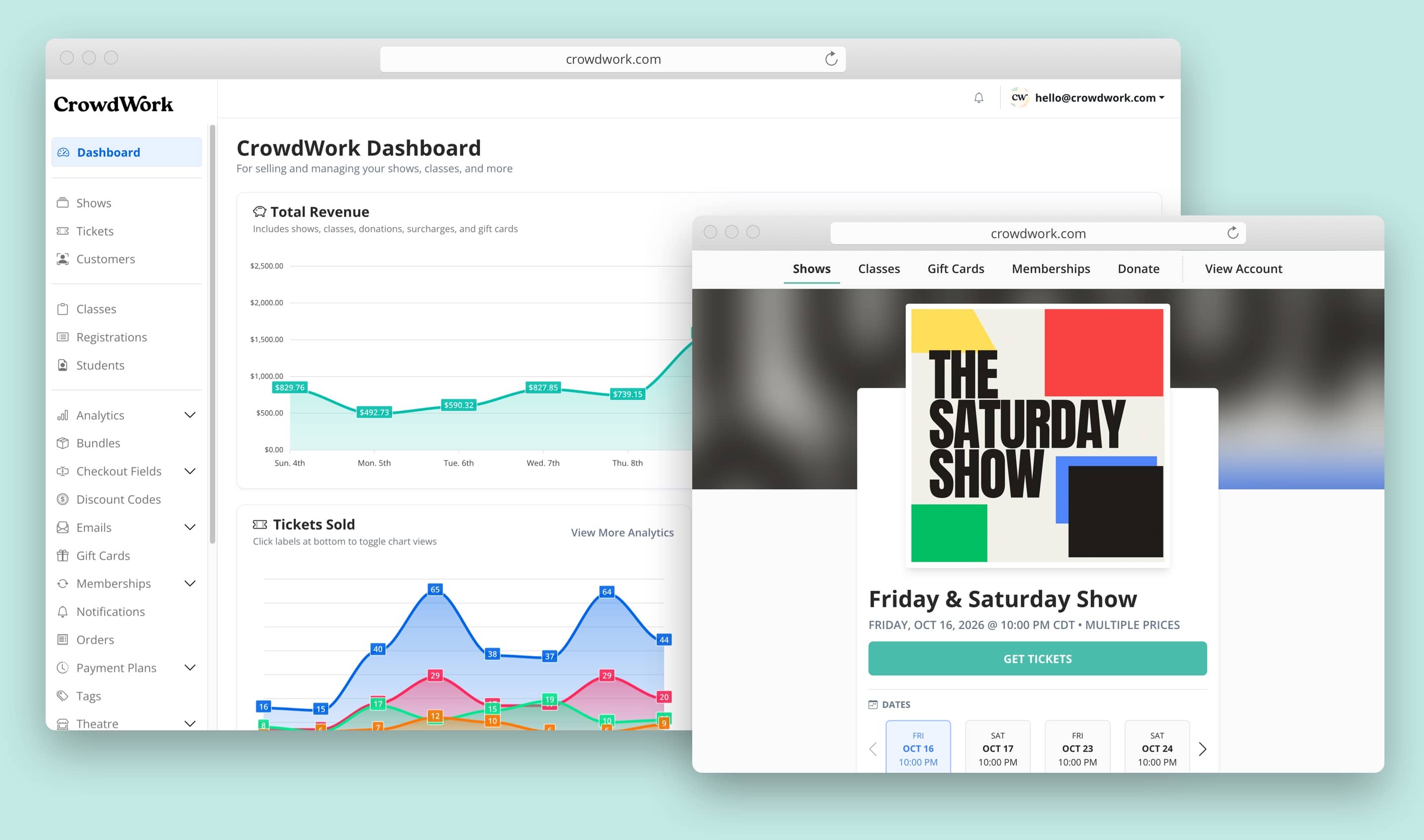 An editor page for an event alongside a phone showing the mobile public view.