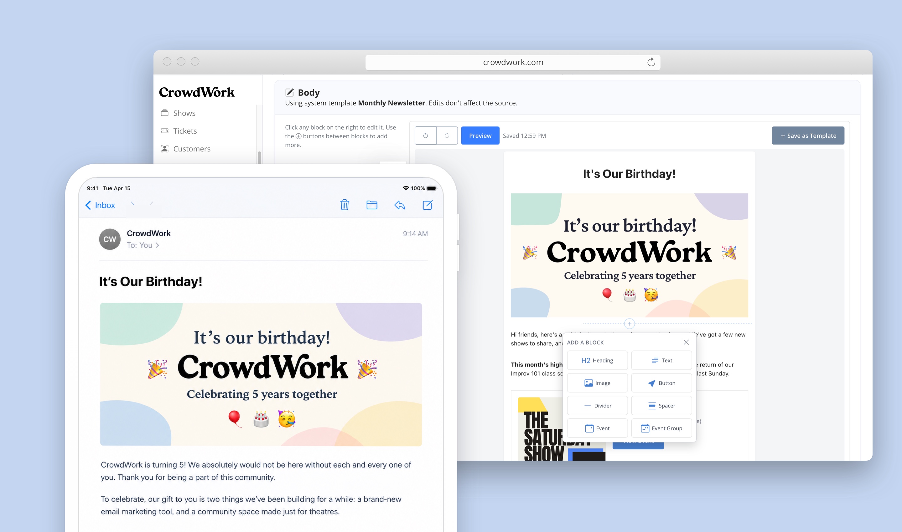 The CrowdWork marketing and email composer page